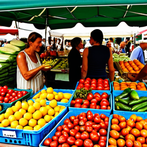 **

A vibrant outdoor scene at a "Mercato Contadino" (farmers market) in Italy. Focus on the colorful display of seasonal fruits and vegetables like ripe tomatoes, zucchini flowers, and freshly picked berries. Include people interacting with local farmers, perhaps a family with children learning about the produce. Capture the essence of fresh, local, and seasonal eating.

**
