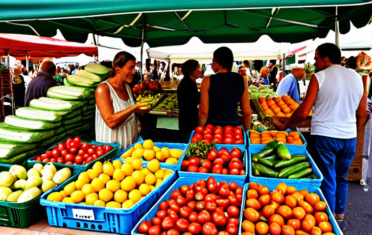 **
A vibrant outdoor scene at a "Mercato Contadino" (farmers market) in Italy. Focus on the colorful display of seasonal fruits and vegetables like ripe tomatoes, zucchini flowers, and freshly picked berries. Include people interacting with local farmers, perhaps a family with children learning about the produce. Capture the essence of fresh, local, and seasonal eating.
**