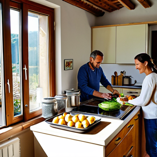 Sustainable Home Life in Italy**

"A sunny Italian kitchen, fully clothed family preparing a meal with fresh, locally sourced ingredients. Solar panels visible on the roof through the window.  Interior includes repurposed furniture, energy-efficient appliances, and reusable containers.  Safe for work, appropriate content, professional photography, well-lit, perfect anatomy, correct proportions, modest clothing, family-friendly atmosphere, high detail."

**