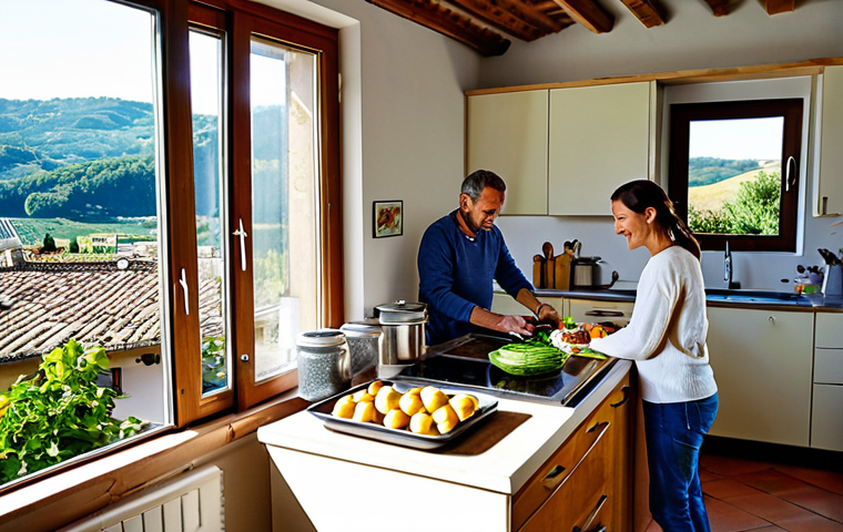 Sustainable Home Life in Italy**

"A sunny Italian kitchen, fully clothed family preparing a meal with fresh, locally sourced ingredients. Solar panels visible on the roof through the window.  Interior includes repurposed furniture, energy-efficient appliances, and reusable containers.  Safe for work, appropriate content, professional photography, well-lit, perfect anatomy, correct proportions, modest clothing, family-friendly atmosphere, high detail."

**