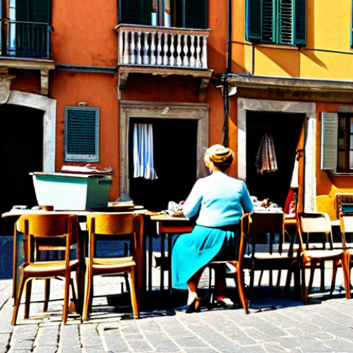 **

"A vibrant flea market scene in a sunny Italian piazza. People are browsing stalls filled with vintage clothing, antique furniture, and upcycled crafts. A woman is happily examining a restored wooden chair. In the background, colorful buildings add to the lively atmosphere. safe for work, appropriate content, fully clothed, professional photography, perfect anatomy, natural proportions, family-friendly."

**