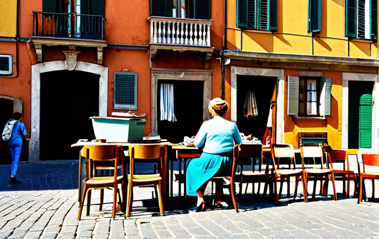**

"A vibrant flea market scene in a sunny Italian piazza. People are browsing stalls filled with vintage clothing, antique furniture, and upcycled crafts. A woman is happily examining a restored wooden chair. In the background, colorful buildings add to the lively atmosphere. safe for work, appropriate content, fully clothed, professional photography, perfect anatomy, natural proportions, family-friendly."

**