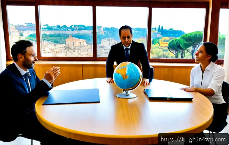 탄소중립을 위한 글로벌 협력의 필요성 - Photorealistic wide-angle scene of diverse international climate delegates collaborating around a ci...